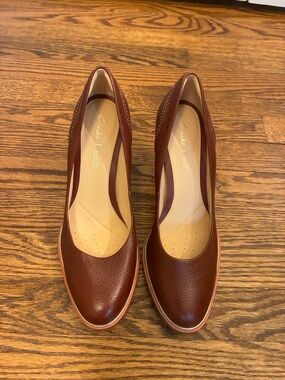 Clarks Brown Leather Block Heel Pumps
